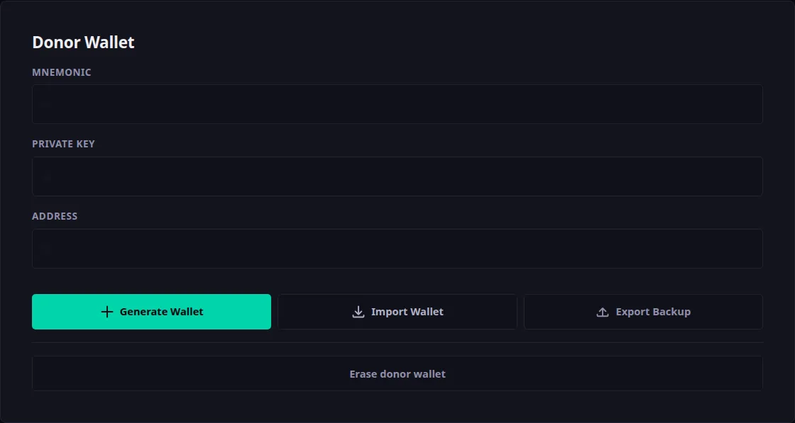 The Donor Wallet panel with empty mnemonic, private key and address fields and the Generate Wallet, Import Wallet and Export Backup buttons.