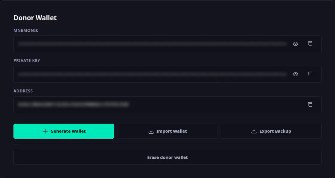 The same panel after the donor is created: the mnemonic, private key and address fields are filled, each with an eye button and a copy button beside it. The values are blurred on purpose — the site hides them behind dots by default.
