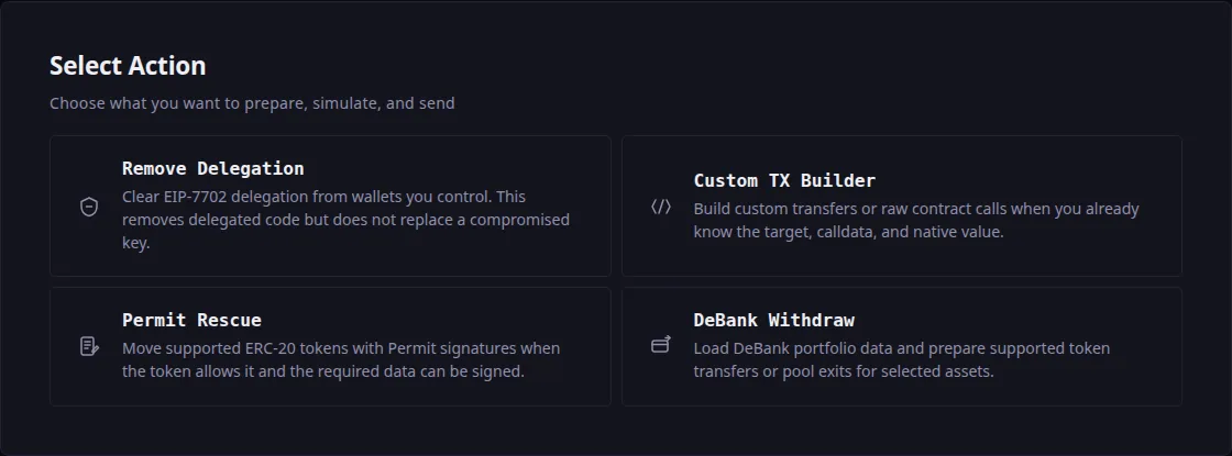The Select Action panel: four cards — Remove Delegation, Custom TX Builder, Permit Rescue and DeBank Withdraw, each with a short description of what the action does underneath.
