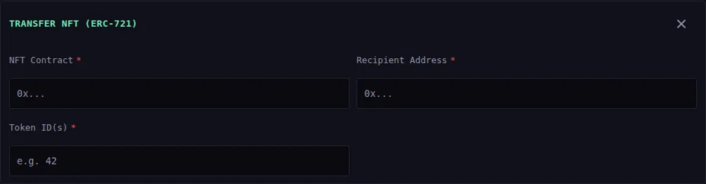 The ERC-721 transfer form: NFT Contract, Recipient Address and Token ID(s) with the hint "e.g. 42".