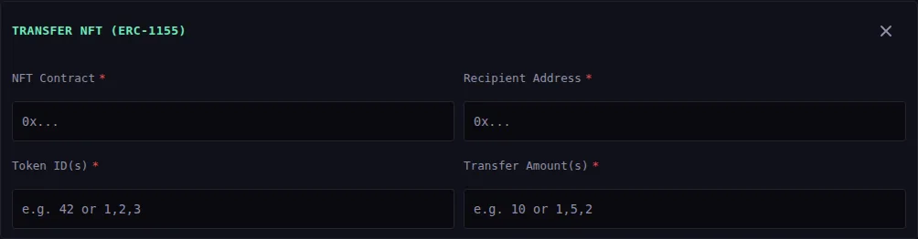 The ERC-1155 transfer form: NFT Contract, Recipient Address, Token ID(s) hinted as "e.g. 42 or 1,2,3" and Transfer Amount(s) hinted as "e.g. 10 or 1,5,2".